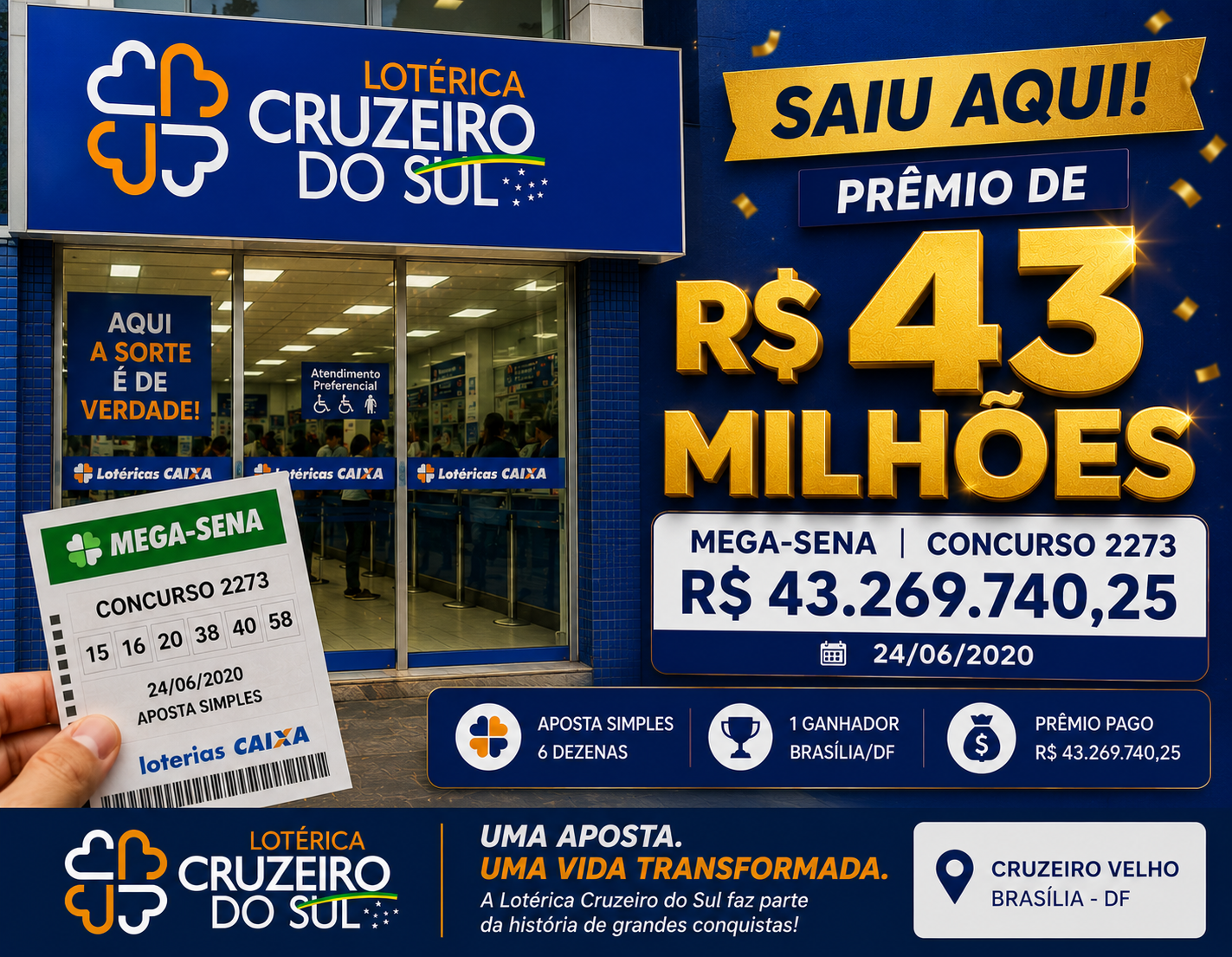 Prêmio de R$ 43 milhões saiu na Lotérica Cruzeiro do Sul
