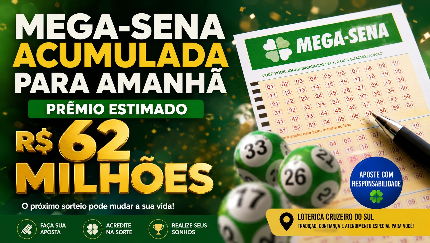 Mega-Sena acumulada para amanhã: prêmio pode mudar sua vida