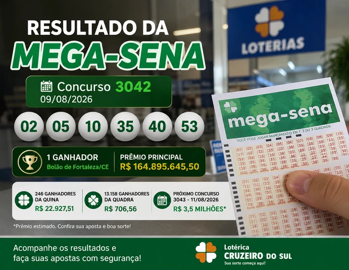 Resultado da Mega-Sena 3042 com dezenas sorteadas e informações do concurso.